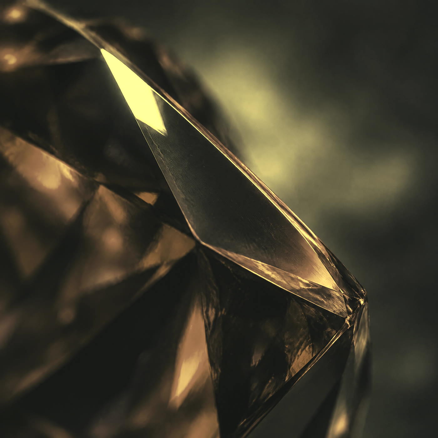 Macro detail of a faceted glass edge catching warm light