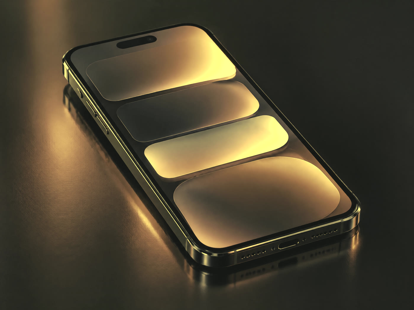 A phone on a dark surface with its screen glowing with an abstract layout